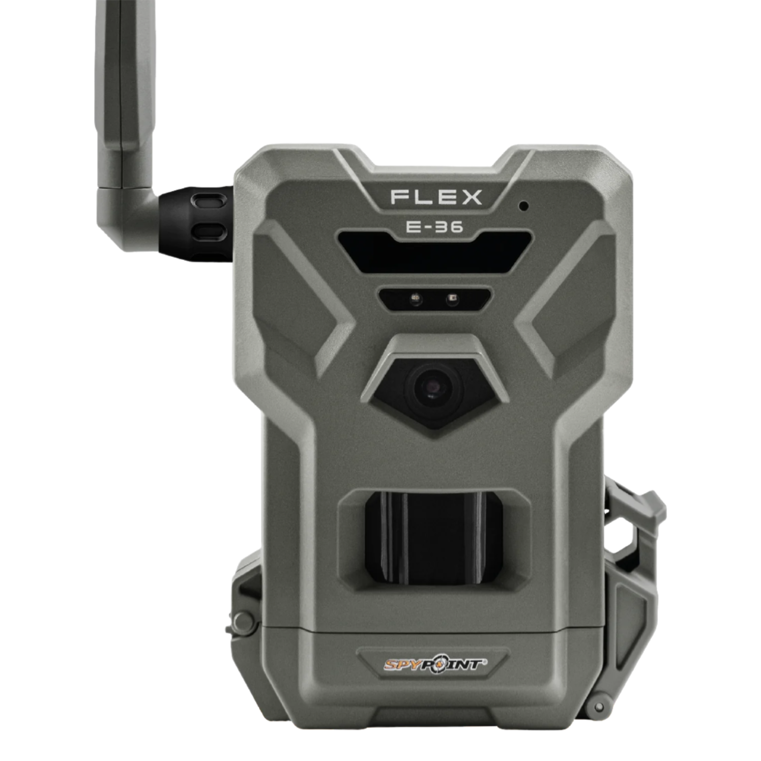 Front view of SPYPOINT Flex E-36 Cellular Trail Camera showing lens, sensor, and antenna

