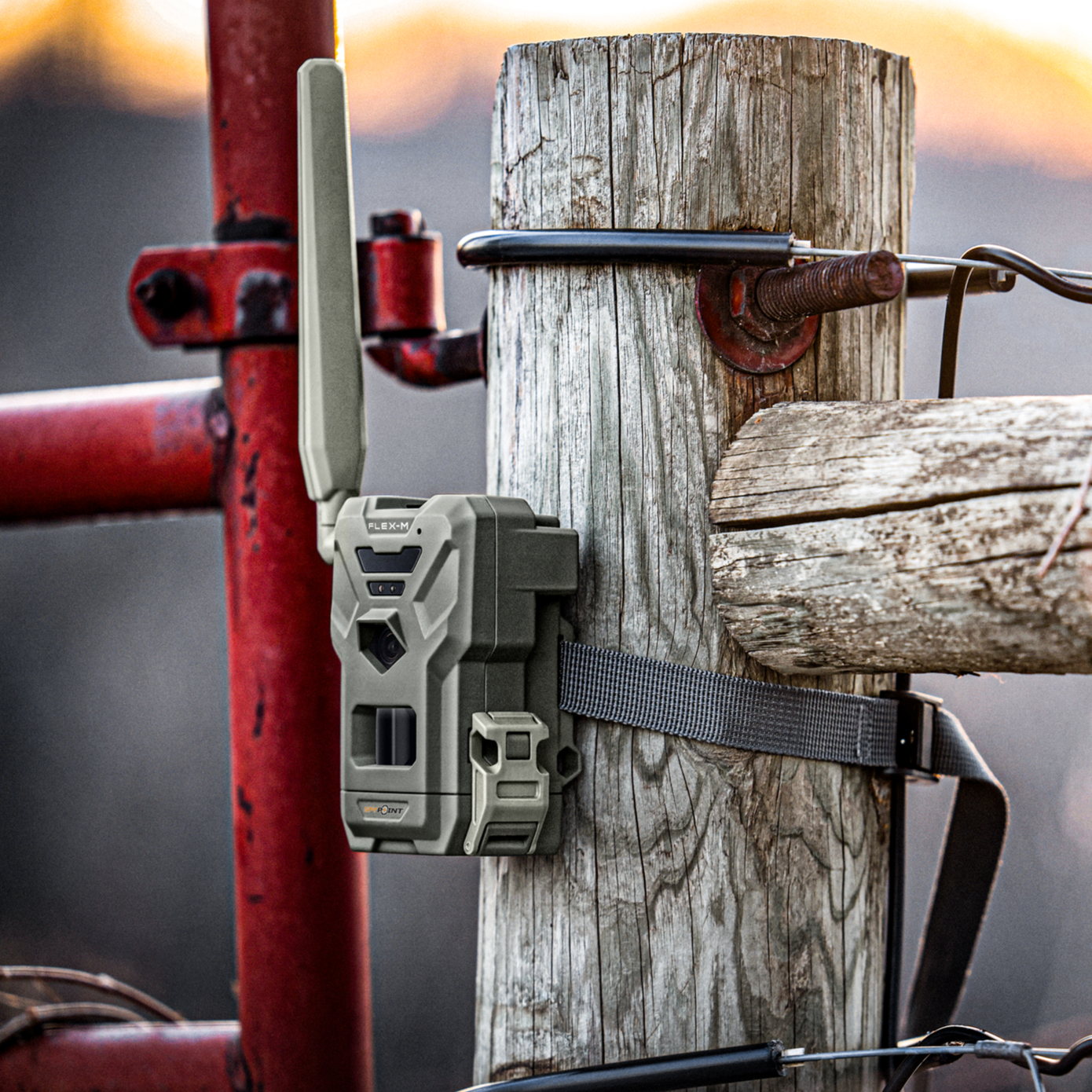 SPYPOINT Flex-M securely strapped to a wooden post in a ranch or farm setting