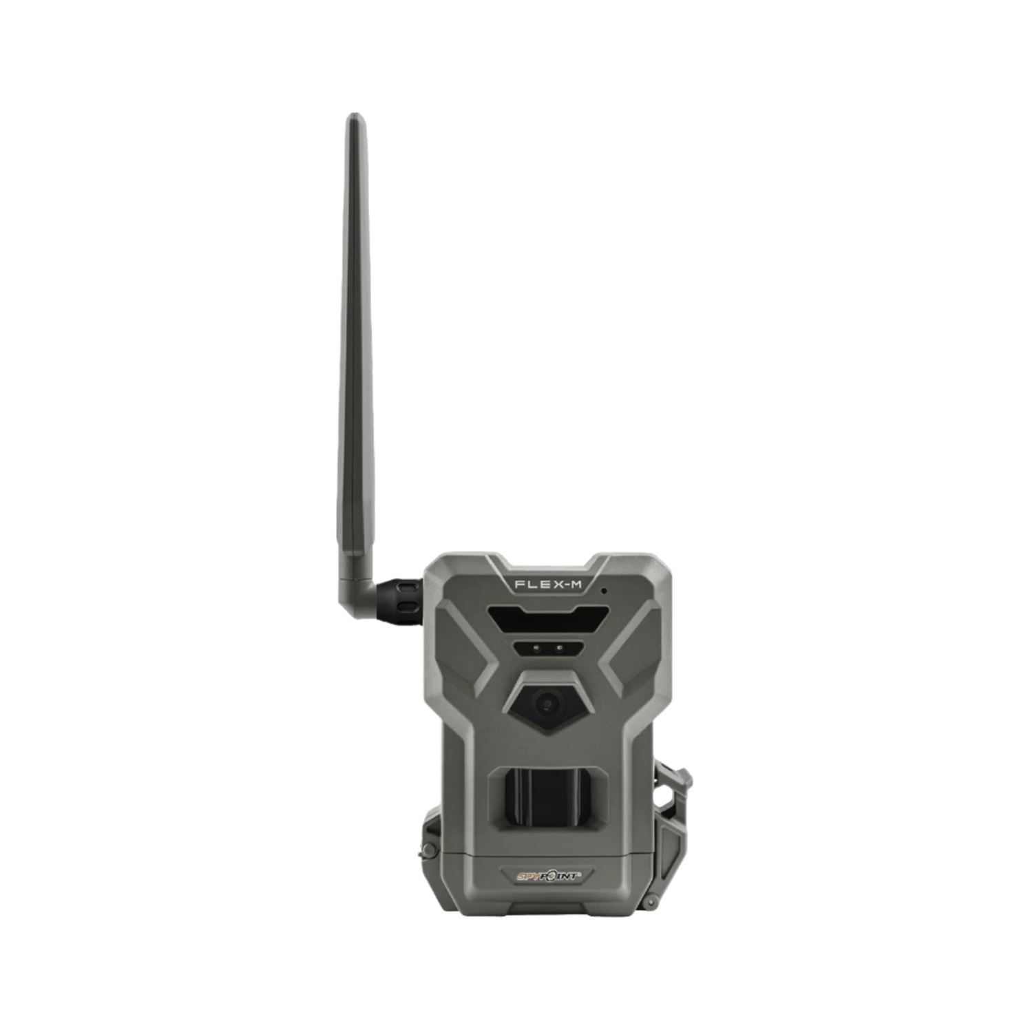 Front view of SPYPOINT Flex-M Cellular Trail Camera with antenna and motion sensors visible