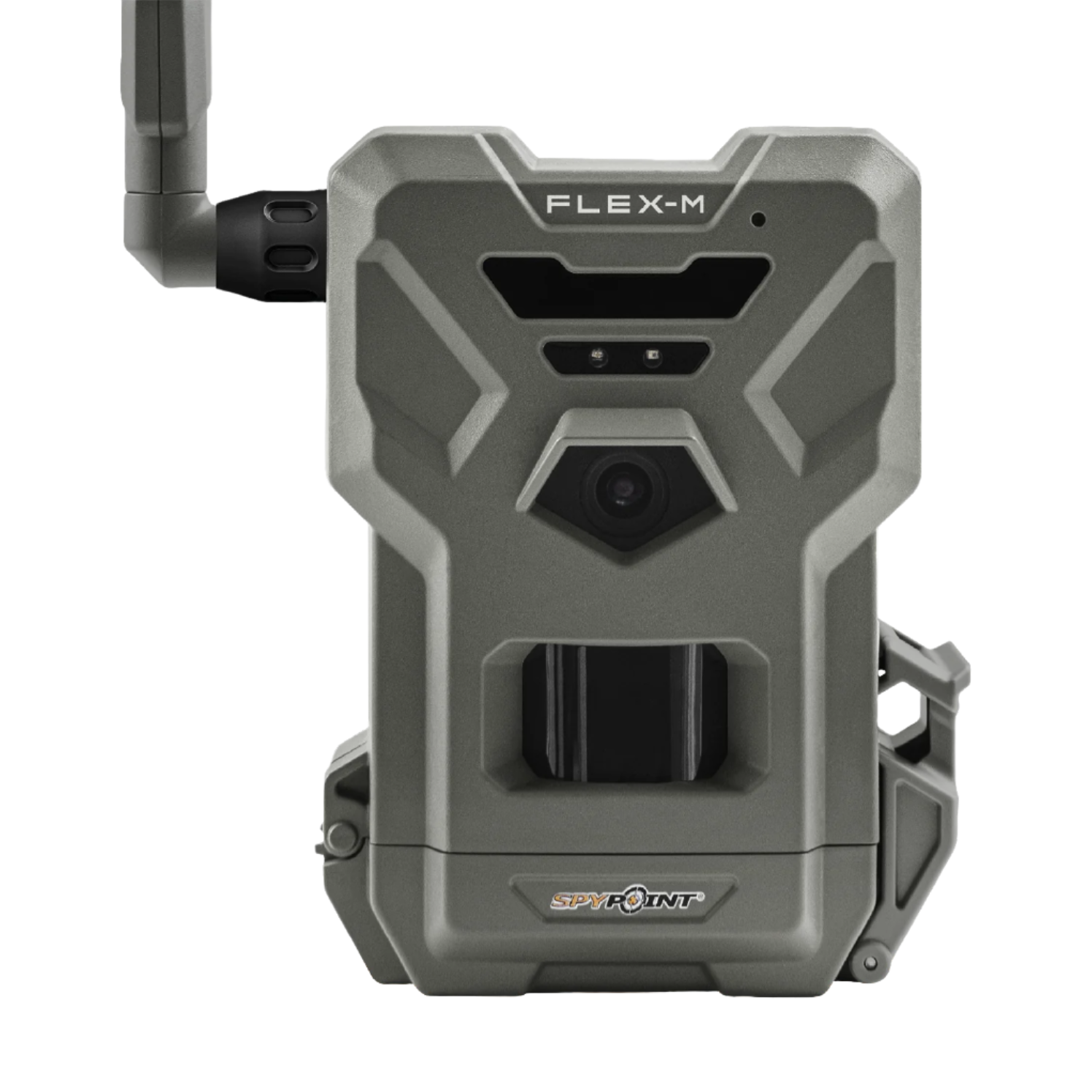 Front view of SPYPOINT Flex-M Cellular Trail Camera showing lens, motion sensor, and antenna connection on a white background