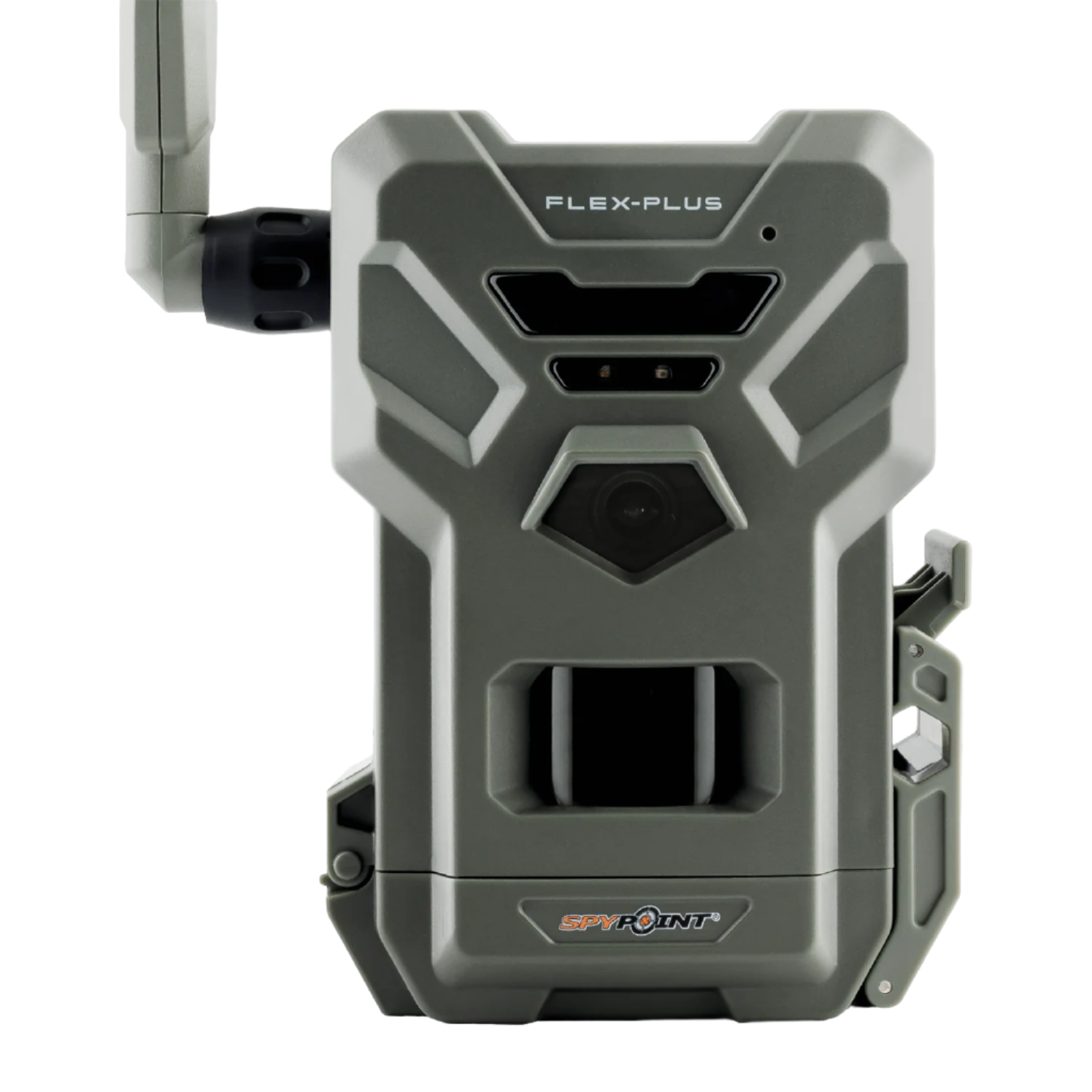 Close-up front view of SPYPOINT Flex-Plus Cellular Trail Camera with antenna and dual-lens sensor layout