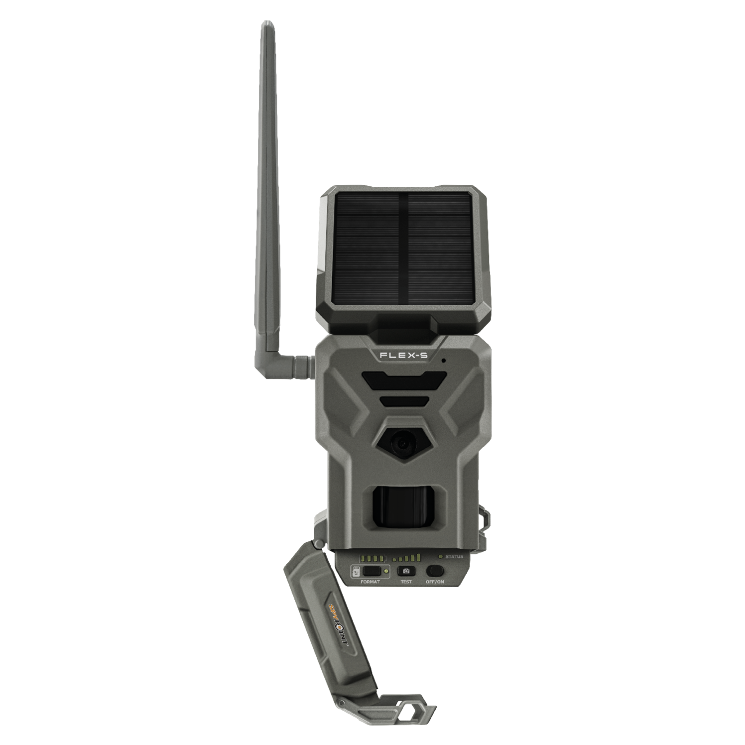 Front view of SPYPOINT Flex-S with antenna extended and access panel open revealing control interface