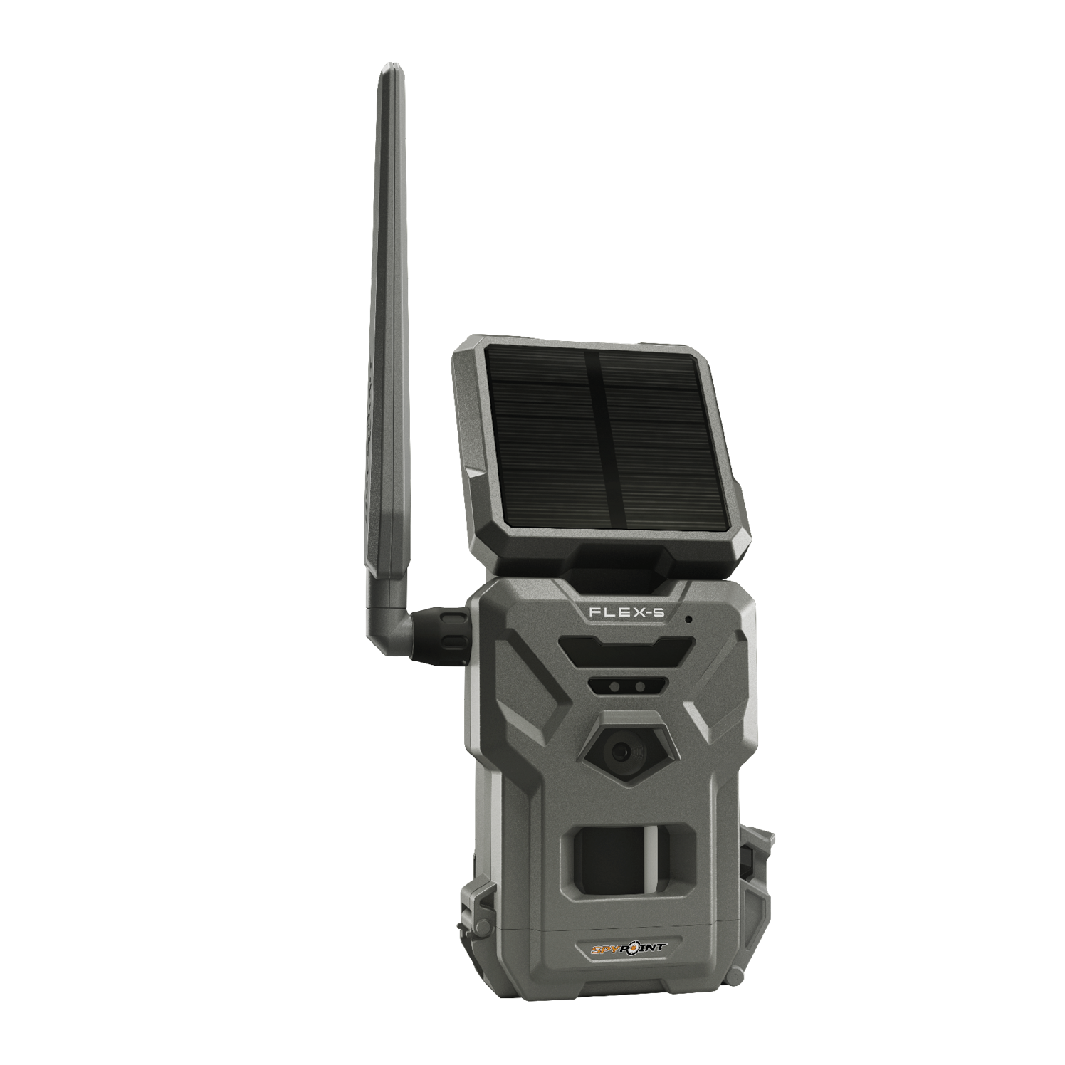 Angled view of SPYPOINT Flex-S camera highlighting solar panel and rugged casing