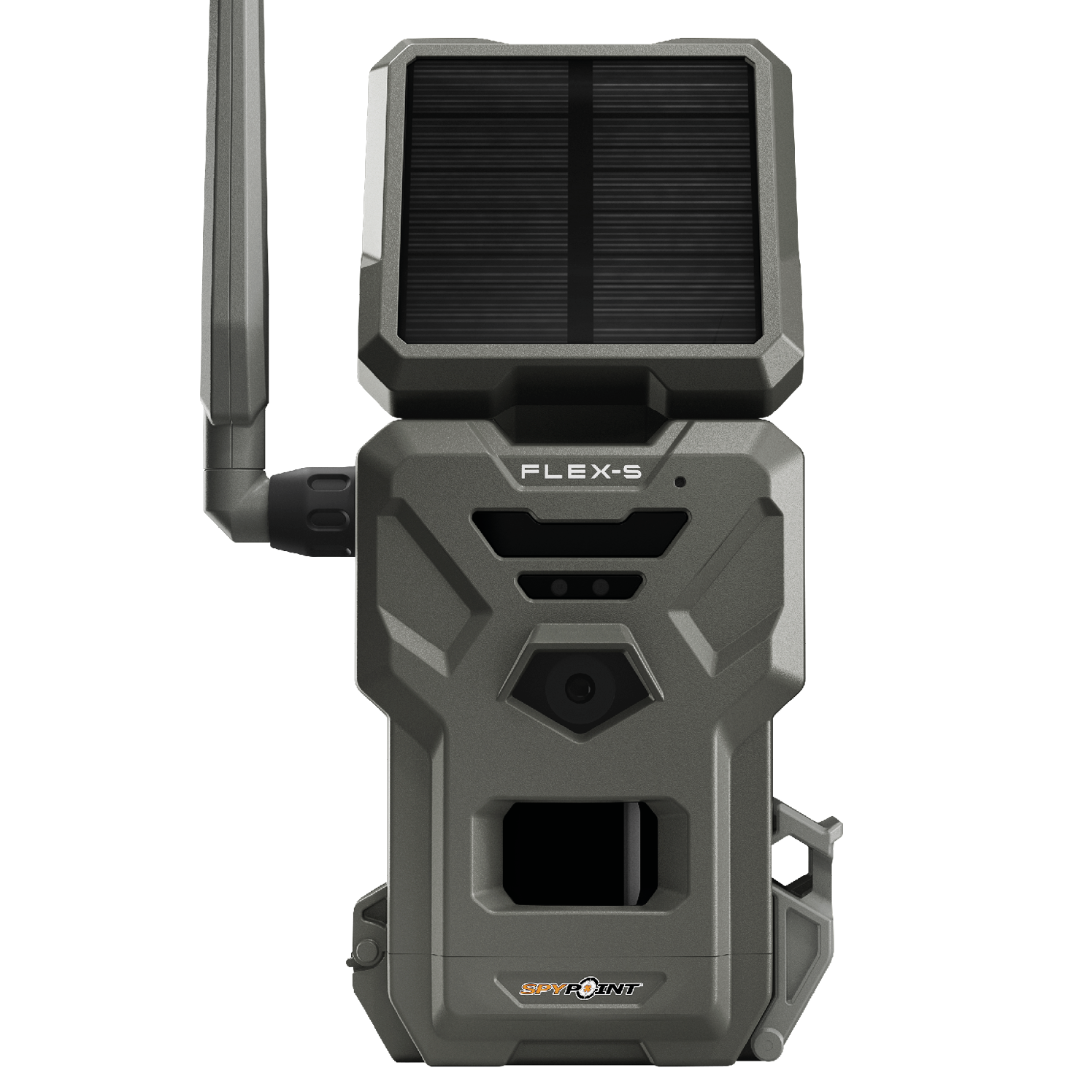 Front view of SPYPOINT Flex-S Cellular Trail Camera showing lens, motion sensors, and built-in solar panel