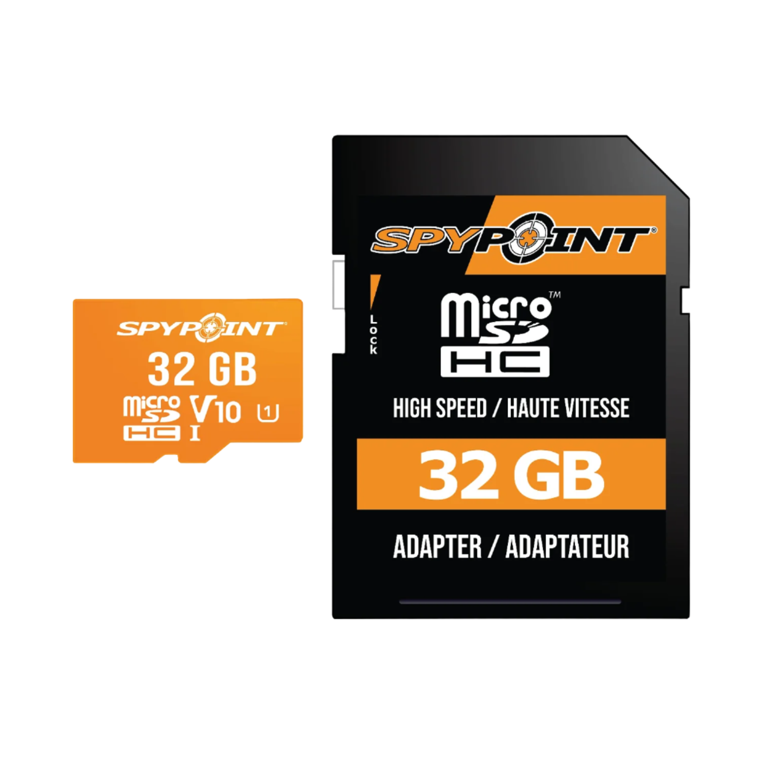 SPYPOINT 32GB microSDHC memory card with full-size SD adapter, labeled for high-speed data transfer and camera compatibility