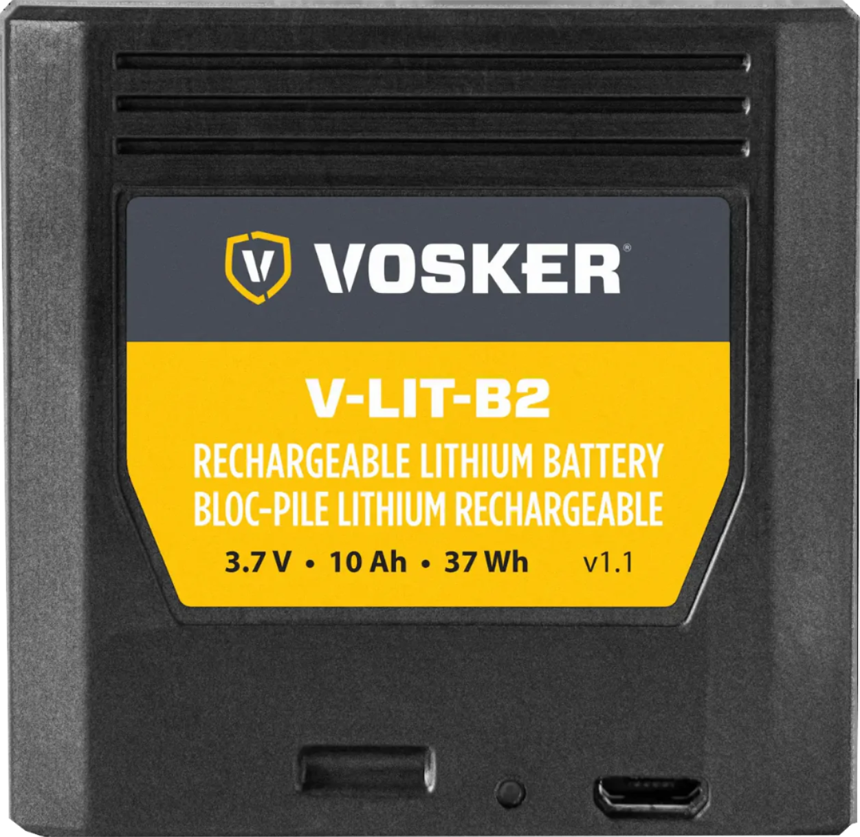 Front view of Vosker V-LIT-B2 rechargeable lithium battery showing product label with 3.7V, 10Ah, and 37Wh capacity specifications, along with charging port and indicator light