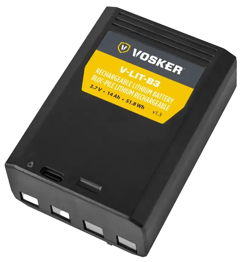 Angled view of Vosker V-LIT-B3 rechargeable lithium battery showing yellow product label with 3.7V, 14Ah, 51.8Wh rating, USB-C charging port, and connector terminals, isolated on transparent background