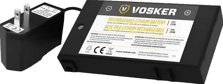 Angled view of Vosker rechargeable lithium battery with charging adapter, showing product label with safety warnings, voltage specifications, and CE certification marks