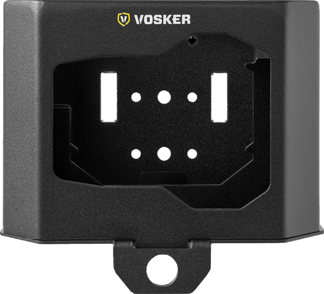 Front view of Vosker V-SBOX2 Steel Security Box showing cutouts for camera lens, sensor, and mounting points, designed to securely house Vosker trail cameras