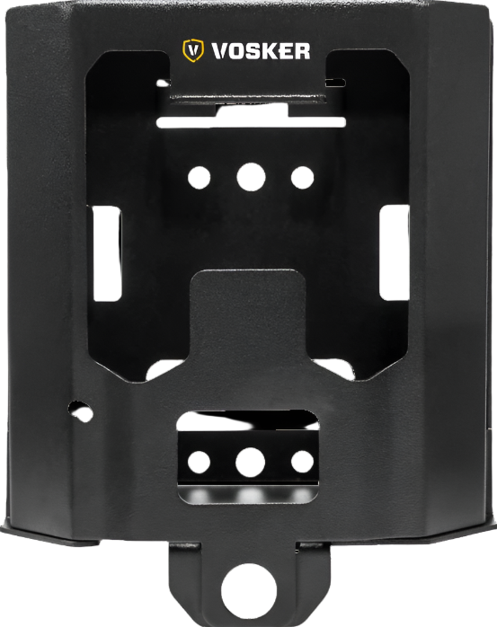 Front view of Vosker V-SBOX Security Box designed to fit V100 and V200 cameras, featuring reinforced steel construction with precise cutouts for camera lens, sensors, and mounting access