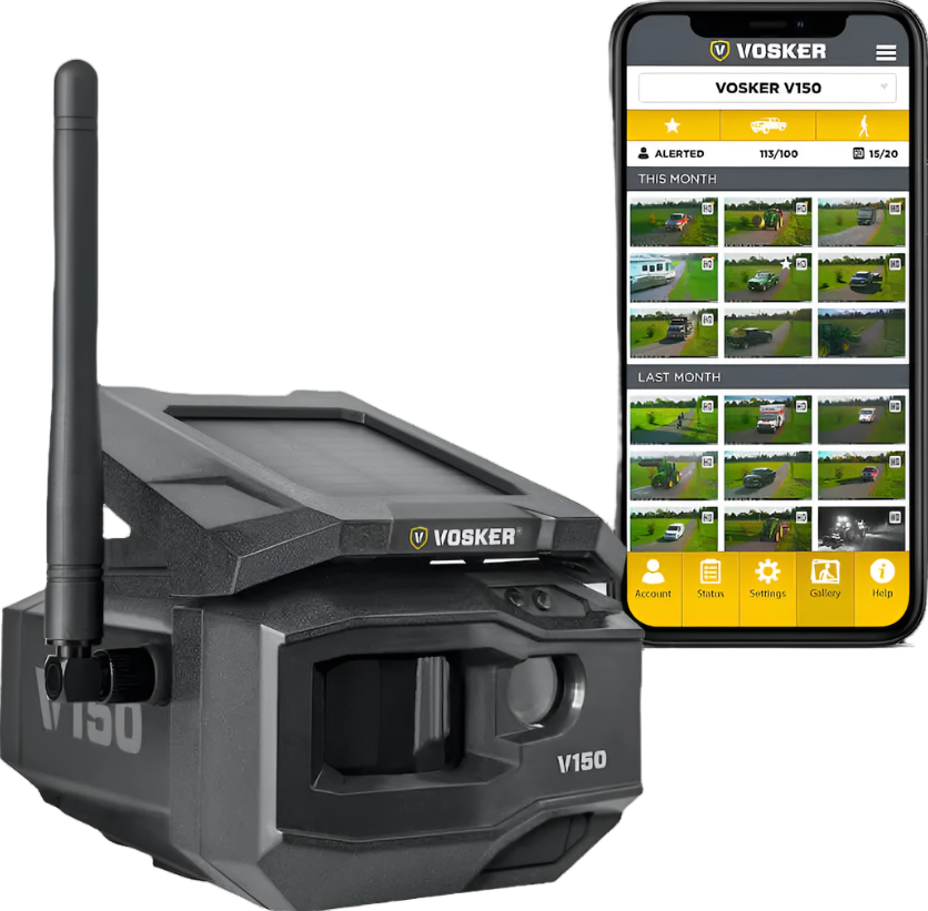 Angled front-left view of Vosker V150 camera with solar panel, antenna, and mobile app interface displaying captured images