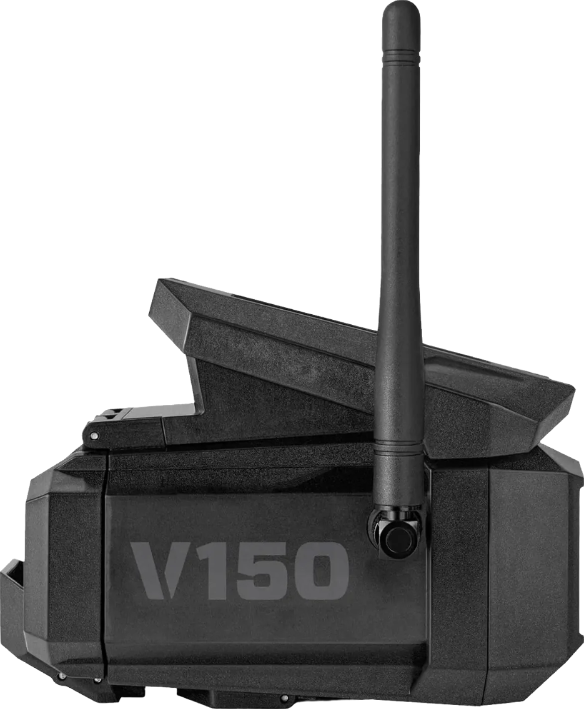 Side view of Vosker V150 showing compact design, solar panel, and antenna placement