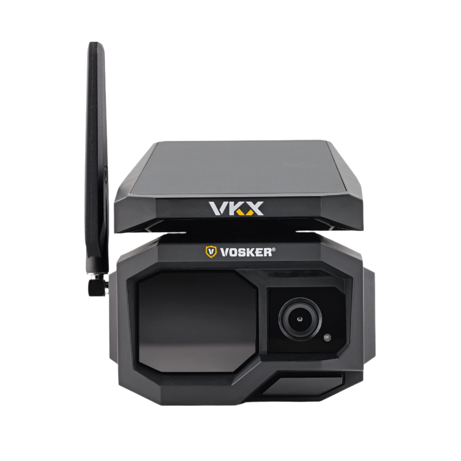 Front view of Vosker VKX LTE Solar Cellular Camera featuring rugged design, wide-angle lens, antenna, and built-in solar panel.