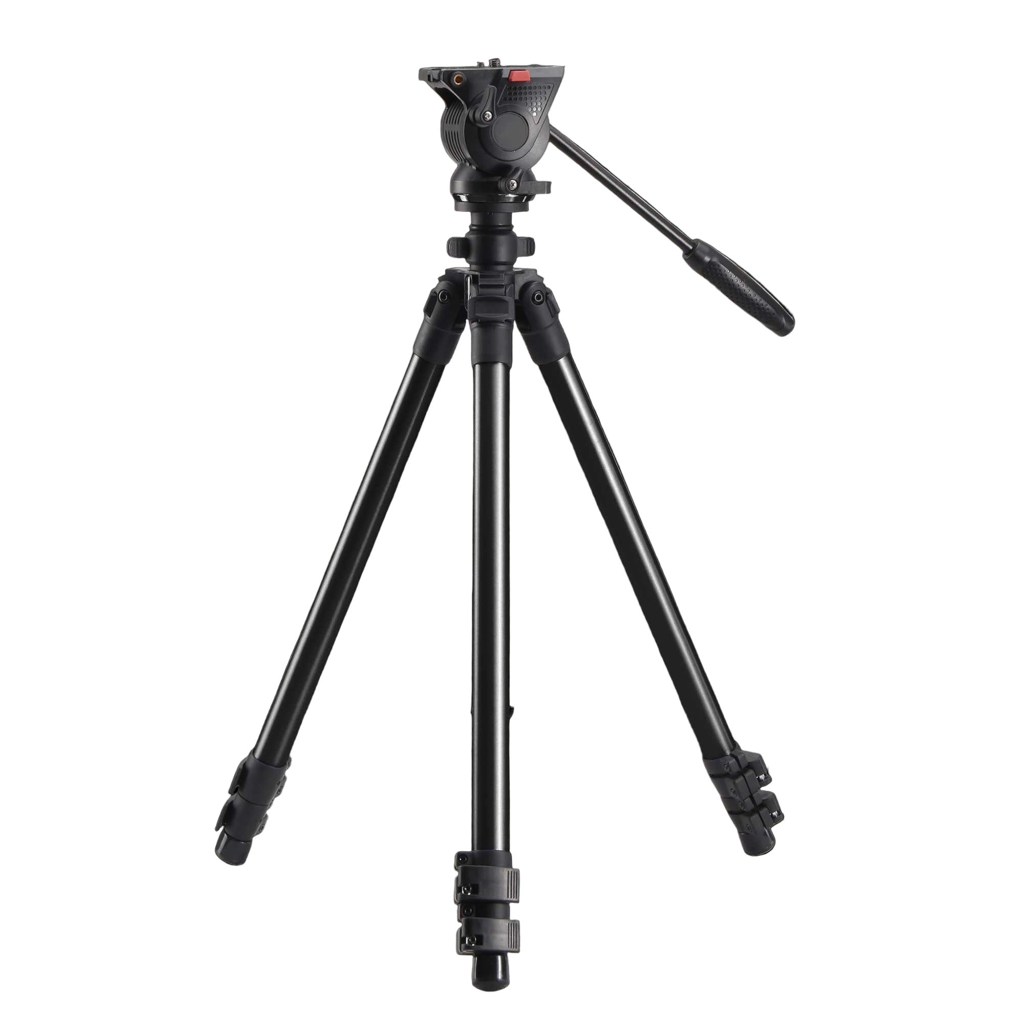 Black camera tripod on a white background